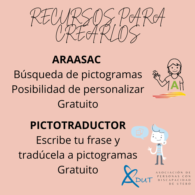 Pictogramas de recursos creativos: el texto indica: ARAASAC Búsqueda de pictogramas, Posibilidad de personalizar, Gratuito y el segundo Pictogramas indica Pictotraductor indica escribe tu frase y tradúcela a pictogramas Gratuito